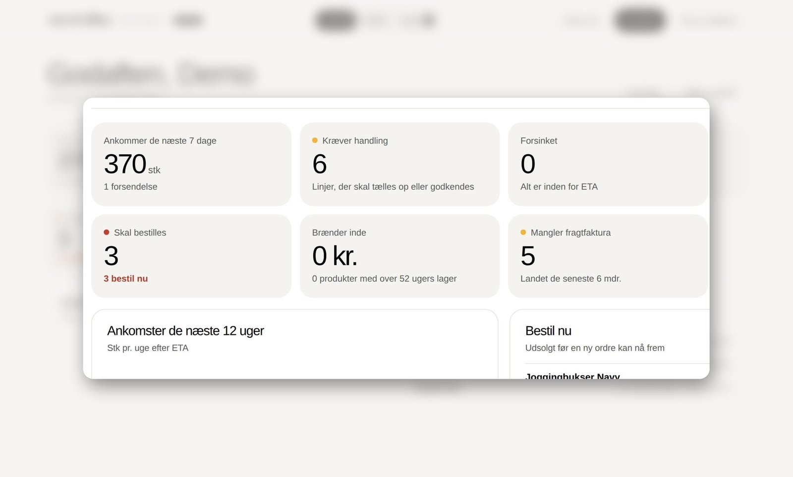 Overblik med ankomster, opgaver og hvad der skal bestilles